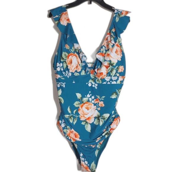 NWOT Cupshe Women's Sunny Flower Ruffled Lace-Back 1-Piece Swimsuit Teal Size XL - Picture 3 of 14